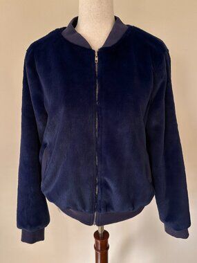 Harlowe & Graham Sapphire Fluffy Velvet Bomber Jacket Size L